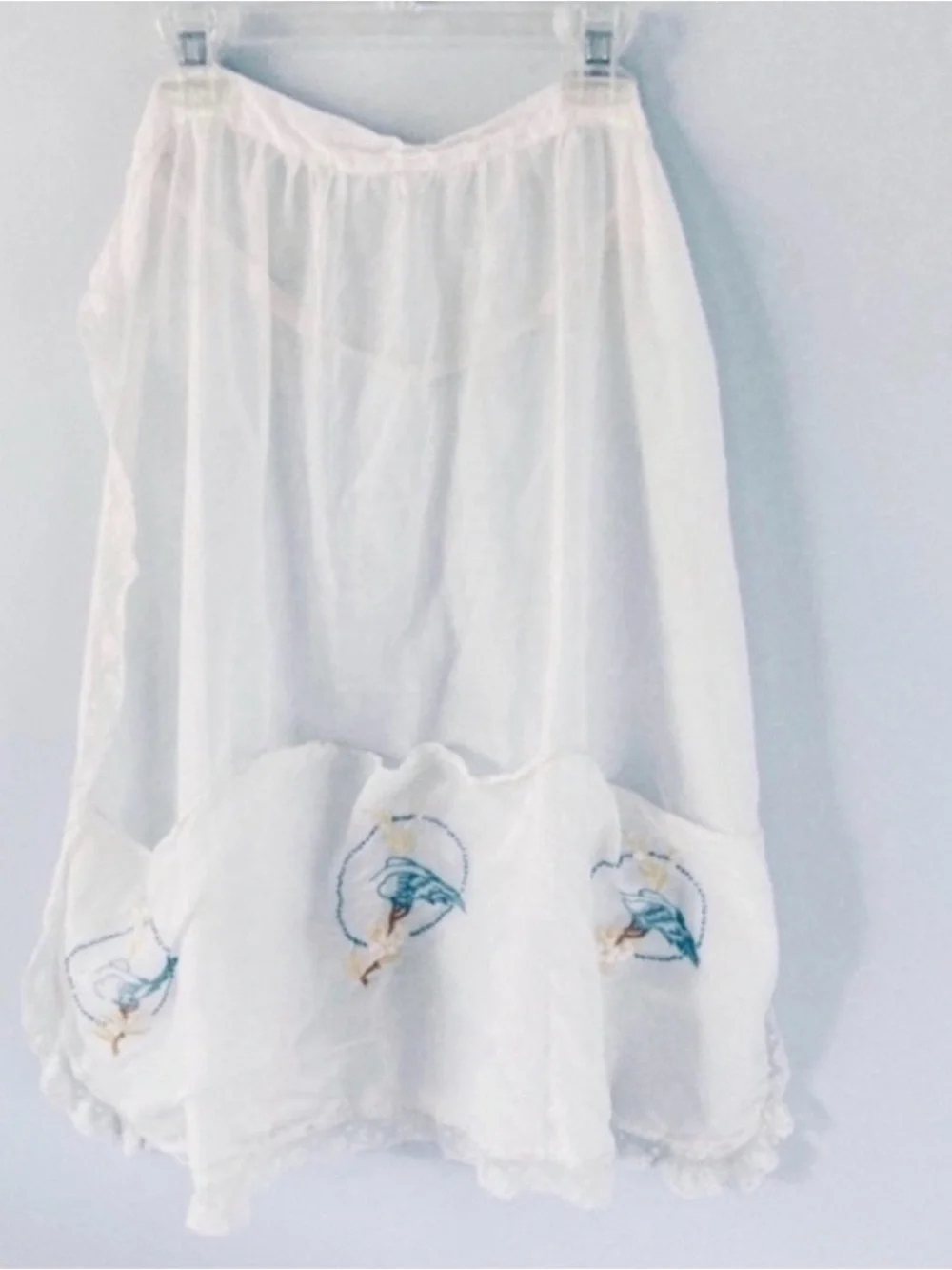 Vintage Sheer White Apron with Lace Trim, Pockets and Embroidered Blue Birds